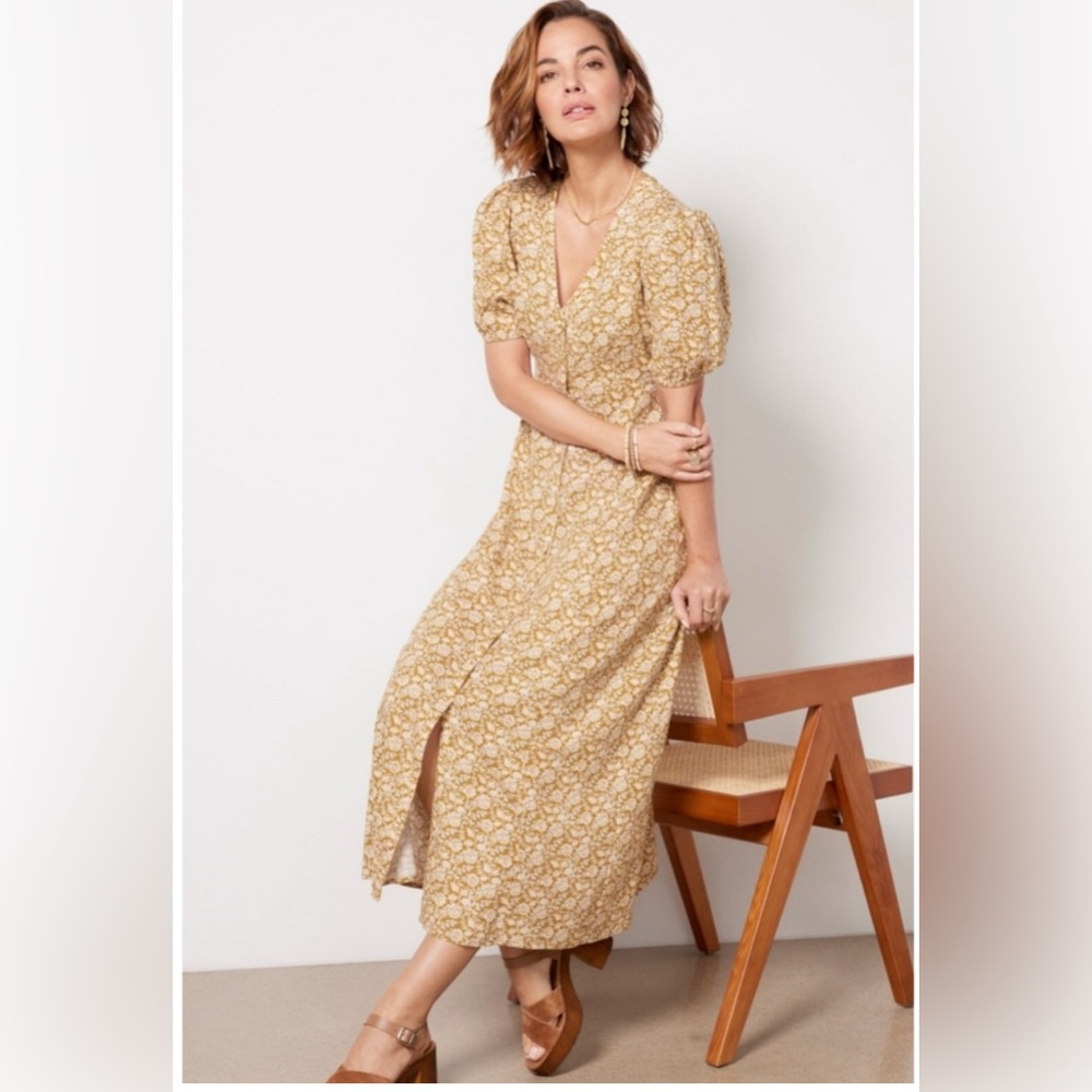 Faherty Floral Tan Midi Dress button front floral Medium